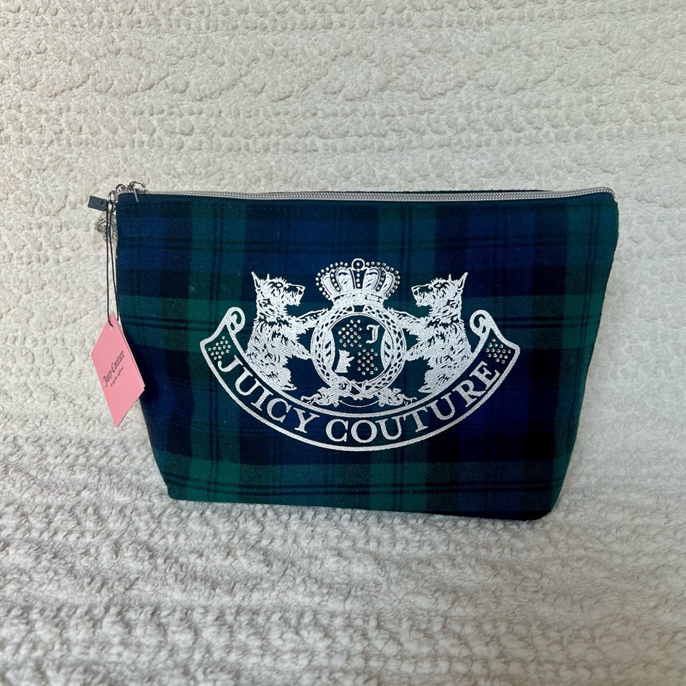NWT Juicy Couture Green & Navy Blue Plaid Makeup Bag Zipper Travel Case